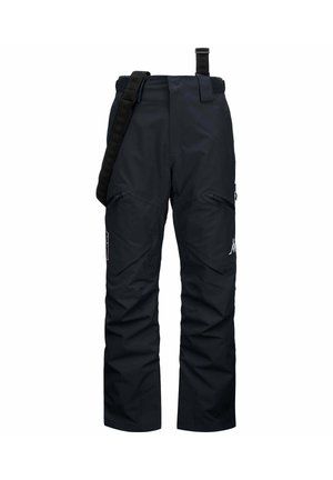 Pantaloni da neve neri isolati con bretelle regolabili e tasche con zip sulle cosce, progettati per sport invernali e attività all'aperto.