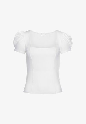Blusa bianca a coste manica corta con maniche a sbuffo e scollatura quadrata, silhouette aderente, etichetta del marchio LASCANA visibile all'interno.