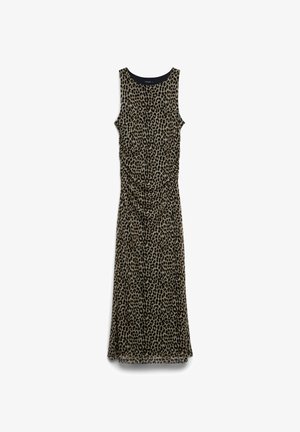Ärmelloses Kleid mit Leopardenmuster, rundem Ausschnitt, geraffter Taille und ausgestelltem Rock. Der Stoff wirkt weich und leicht.