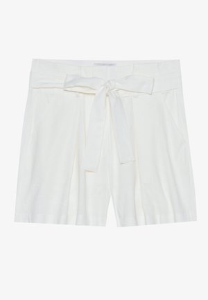 White linen shorts with a tied waist belt, featuring side pockets and a relaxed fit. Smooth texture and simple design.