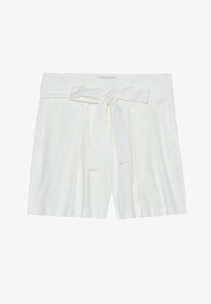 Weiße Leinenshorts mit einem gebundenen Taillengürtel, seitlichen Taschen und einer lässigen Passform. Glatte Textur und einfaches Design.