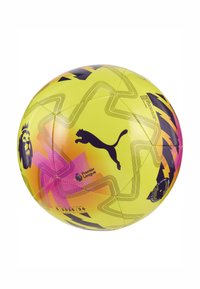 Puma Premier League voetbal, geel en roze met zwarte accenten, met een gladde textuur, geometrische patronen en het Puma-logo.