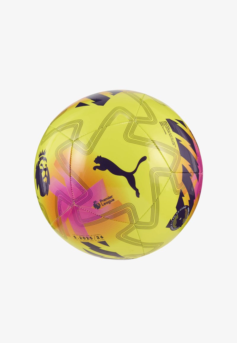 Piłka nożna Puma Premier League, żółto-różowa z czarnymi akcentami, charakteryzująca się gładką fakturą, geometricznymi wzorami i logo Puma.