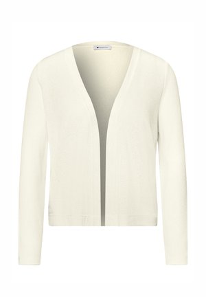 Cardigan blanc à manches longues, ouvert sur le devant, avec col en V et bord côte, présenté sur un fond blanc uni.