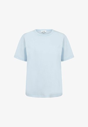 Lichtblauw T-shirt met korte mouwen, ronde hals, rechte zoom en een klein merkembleem aan de binnenkant van de halslijn.