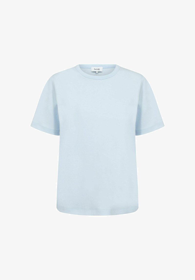 T-shirt bleu clair à manches courtes, col rond, ourlet droit et petite étiquette de marque à l’intérieur du col.