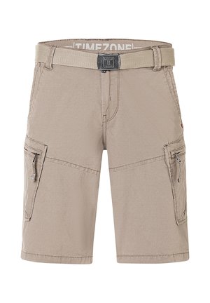 Beige knee-length cargo shorts with multiple zippered pockets and a matching fabric belt with a black buckle.