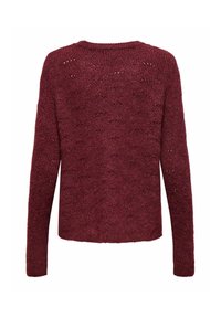 Pull en tricot bordeaux à manches longues, col rond et motif de mailles ajourées. Texture douce avec une coupe décontractée et ample.