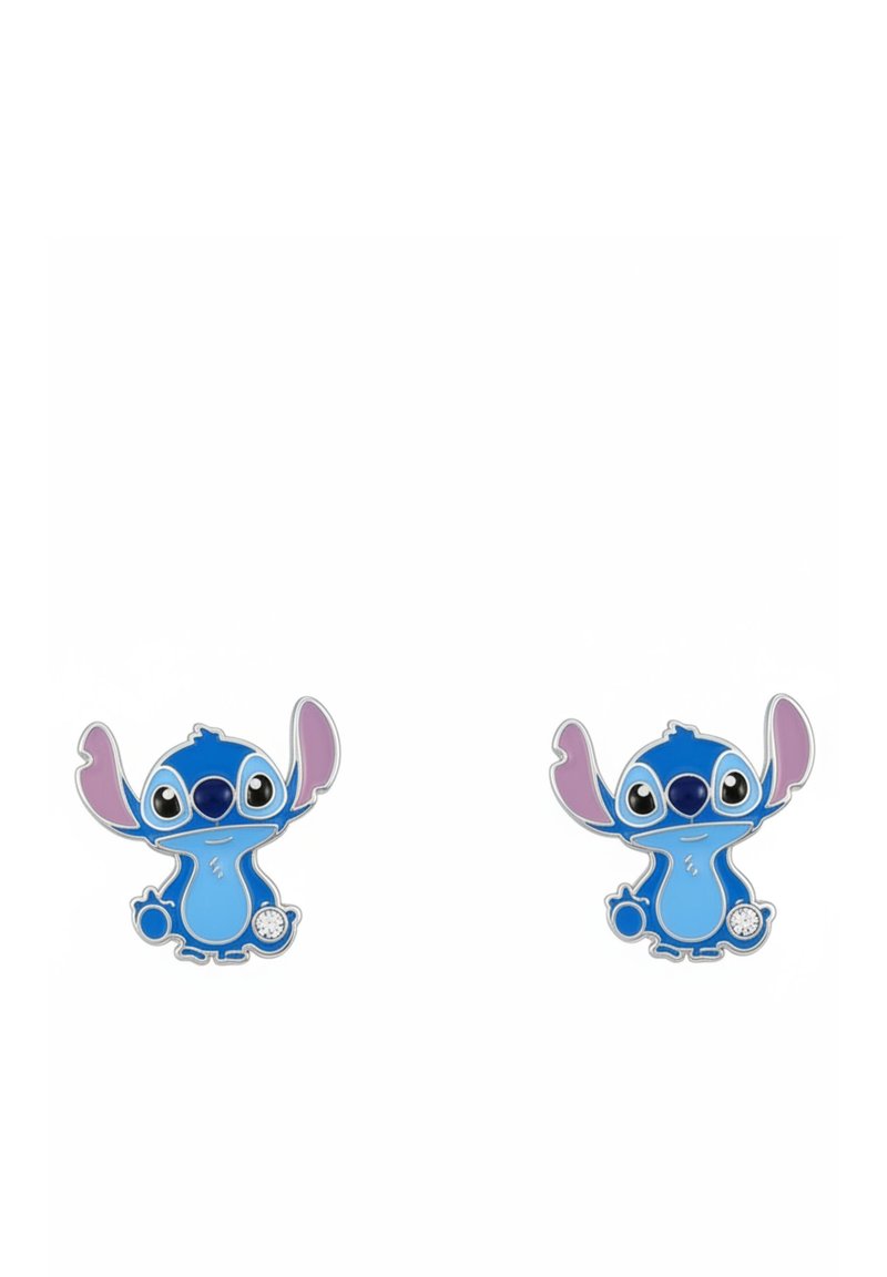 Boucles d'oreilles en émail bleu représentant un personnage de dessin animé avec de grandes oreilles et de grands yeux, des accents argentés, et de petits détails scintillants sur le corps du personnage.