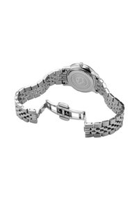 Zilveren roestvrijstalen horloge met een schakelarmband, ronde kast en een gestructureerde achterkant. Bevat een opvouwsluiting en een gepolijst oppervlak.