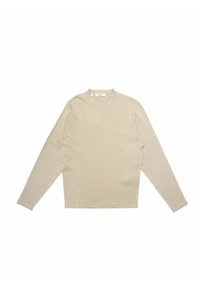 Top beige a maniche lunghe con scollo rotondo, realizzato in tessuto liscio. Presenta una texture a coste e un taglio dritto all'orlo.