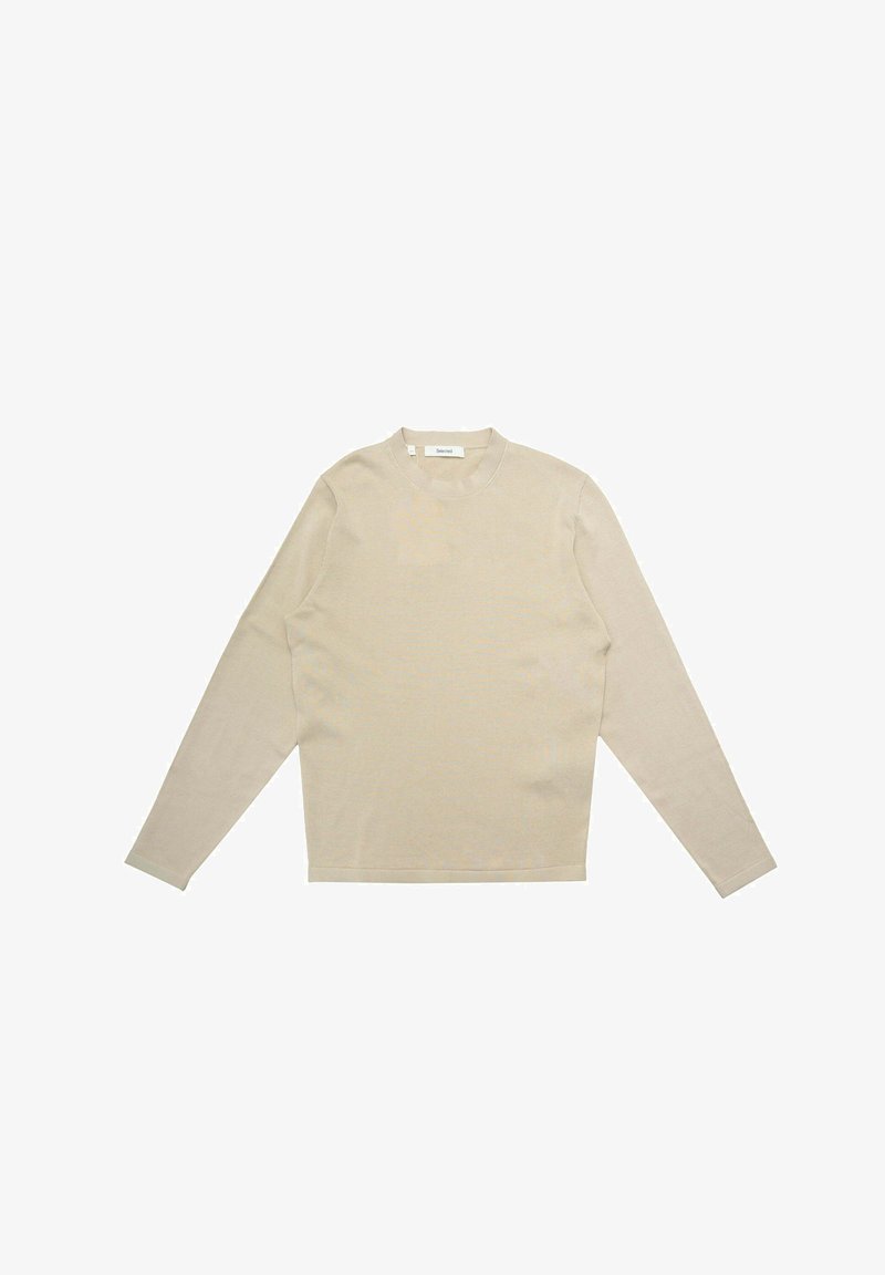 Top beige a maniche lunghe con scollo rotondo, realizzato in tessuto liscio. Presenta una texture a coste e un taglio dritto all'orlo.