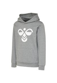 Grijze hoodie met een voorzak, voorzien van een groot wit grafisch ontwerp dat op een bij lijkt. Zachte katoenmix stof met een relaxte fit.