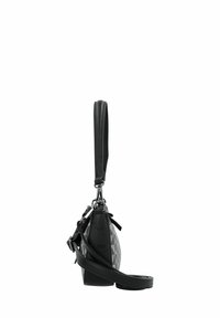 Borsa nera e grigia con un motivo testurizzato, caratterizzata da un design elegante, materiali in pelle, tracolla rimovibile e chiusura laterale con zip.