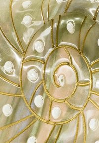 Transluzentes Gehäusedesign mit spiralförmiger Form, versehen mit goldenen Linien und glänzenden weißen Akzenten. Glatte Textur mit perlartigem Finish.