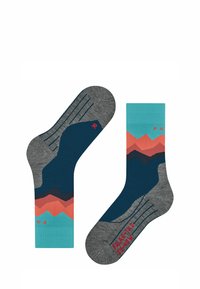 Calzini con motivo geometrico di catena montuosa in blu navy, grigio, corallo e verde acqua, con talloni rinforzati e linee di supporto per l'arco.