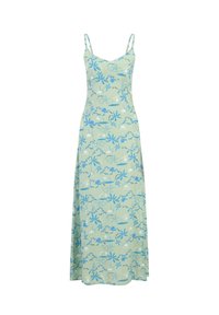 Abito maxi verde chiaro con stampa tropicale blu, con spalline sottili regolabili e una silhouette fluida. Tessuto morbido con una sottile trama.