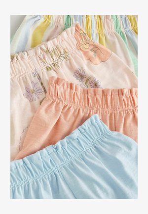 Tre paia di pantaloncini con vita elastica in colori pastello: rosa con motivo floreale, azzurro chiaro e a righe con accenti verdi, gialli e arancioni.