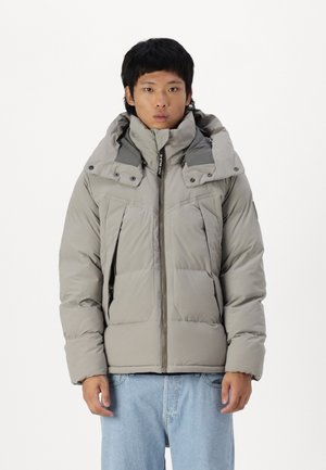 Light gray puffer jacket with a high collar, front zip, and multiple pockets. Features a hood and shoulder accents in darker gray.