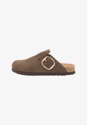 Brown suede clog with a large gold-tone buckle and cork footbed. Features a rounded toe and textured rubber sole. Open back design.