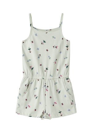 Weißer ärmelloser Overall mit elastischem Bund, Fronttaschen und Mustern mit Feen, Marienkäfern, Schmetterlingen und Blumen.