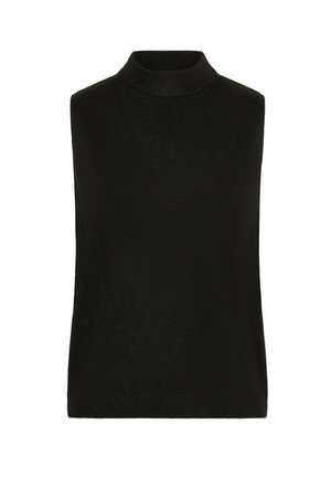 Black sleeveless top featuring a high neckline, a smooth texture, and a fitted design. No visible patterns or accents.