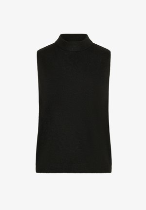 Schwarzes ärmelloses Top mit hohem Hals, glatter Textur und figurbetontem Design. Keine sichtbaren Muster oder Akzente.