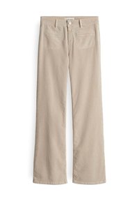 Beige Corduroyhosen mit geradem Bein, zwei Gesäßtaschen und einem Knopfverschluss an der Taille. Weicher Stoff und strapazierfähiges Material.