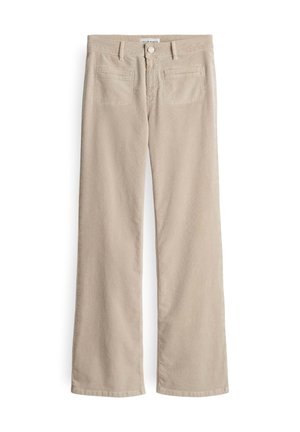 Beige corduroy pants with a straight-leg design, featuring two back pockets and a button closure at the waist. Soft texture and durable fabric.