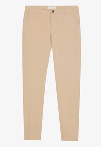 Beige chinos with a straight leg design, featuring a button closure, belt loops, and two side pockets. Smooth, non-textured fabric.