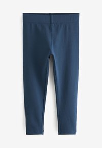 Leggings blu navy realizzati in tessuto elasticizzato, con una ampia vita elasticizzata e una texture morbida. Nessun motivo visibile o accessorio.