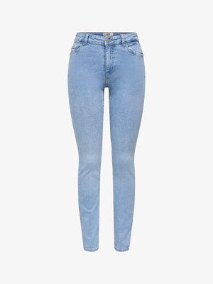 Gaiši zili augsta vidukļa plāni džinsi ar priekšējo pogu, rāvējslēdzēju un piecu kabatu dizainu, attēloti uz balta fona.