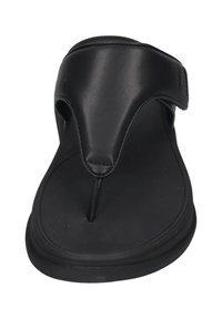 Sorte flip-flops med en glatt syntetisk overdel, T-stroppdesign og en flat gummisåle. Har minimal detaljer og en sømløs finish.