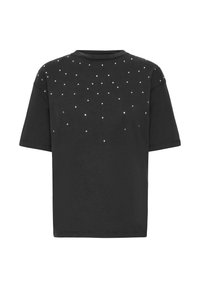 Sort T-shirt lavet af blød bomuld, der har en afslappet pasform, rund halsudskæring og spredte rhinsten-pynt på ryggen.