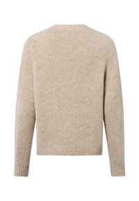 Beige gestrickter Pullover mit strukturiertem Finish, Raglanärmeln und geripptem Saum. Die Rückansicht zeigt ein einfaches Design ohne Verzierungen.