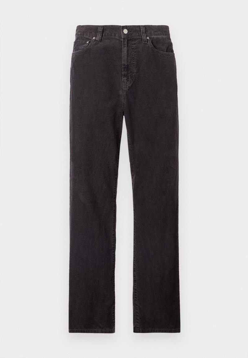 Pantalon en velours côtelé noir à jambes droites avec bouton frontal, passants pour ceinture et style cinq poches sur fond blanc.