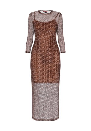 Átlátszó, hosszú ujjú ruha, amelynek testhez simuló, barna leopárd mintás felső része és átlátszó alsó része van. Kerek nyakkivágással és testhez simuló sziluettel rendelkezik.