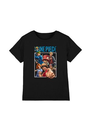 Black t-shirt featuring One Piece characters with a pirate skull logo and the title "One Piece" in blue above them.