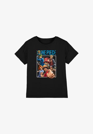 Black t-shirt featuring One Piece characters with a pirate skull logo and the title "One Piece" in blue above them.