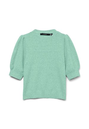 Világoszöld, rövid ujjú pulóver puffadt ujjakkal és bordázott mandzsettákkal, kerek nyakkivágással és bordázott szegéllyel, laposan elhelyezve.