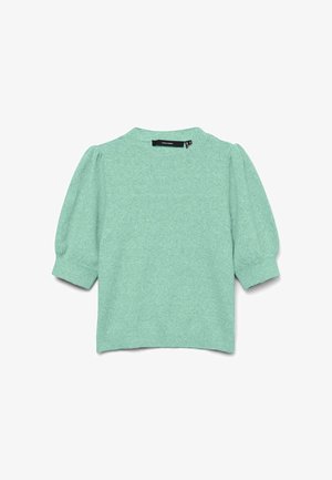 Világoszöld, rövid ujjú pulóver puffadt ujjakkal és bordázott mandzsettákkal, kerek nyakkivágással és bordázott szegéllyel, laposan elhelyezve.