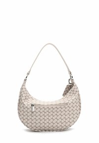 Ljusbeige geometrisk mönstrad axelväska med en böjd form, toppdragkedjestängning och ett slätt läderrem. Silverfärgade detaljer.