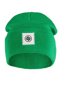 Green knitted beanie with a soft texture, featuring a white square patch with a black logo. Simple, snug fit with rolled cuff design.
