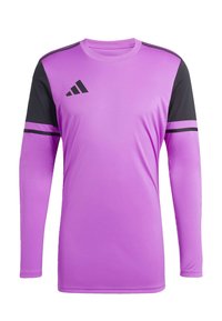 Camiseta deportiva de manga larga en púrpura brillante con mangas negras, con tres rayas negras y un logo de Adidas en el pecho.