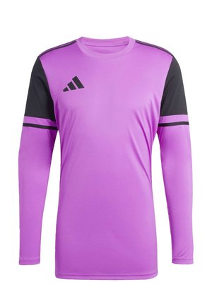 Langärmliges Sportshirt in leuchtendem Lila mit schwarzen Ärmeln, das drei schwarze Streifen und ein Adidas-Logo auf der Brust zeigt.