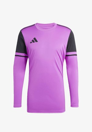Langärmliges Sportshirt in leuchtendem Lila mit schwarzen Ärmeln, das drei schwarze Streifen und ein Adidas-Logo auf der Brust zeigt.