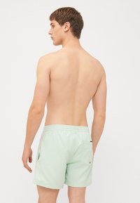 Mentolové plavky s hladkým, ľahkým materiálom; elastický pás; bočné vrecká; model sa zobrazuje zozadu.