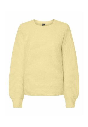 Maglione lavorato a maglia di colore giallo chiaro, con scollo rotondo. Caratterizzato da maniche lunghe e polsini a costine, offre una vestibilità ampia e un aspetto casual.