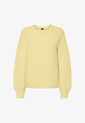 Light yellow, textured knit sweater with a crew neckline. Features long sleeves and ribbed cuffs, offering a boxy fit and casual appearance.