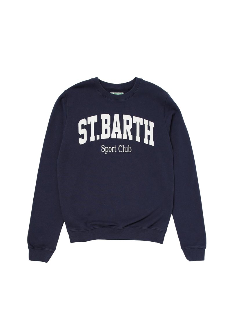 Felpa blu navy in cotone, con collo rotondo e polsini a costine, caratterizzata dalla scritta "ST.BARTH" e "Sport Club" stampata in bianco sulla parte anteriore.